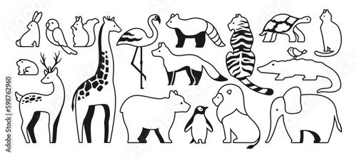Animal cute linear symbol set. Sign hare parrot, squirrel, frog, giraffe. Panda and bear penguin. Mammals baby animals characters. Deer cat turtle fox lion tiger. Simple icon design Generative AI