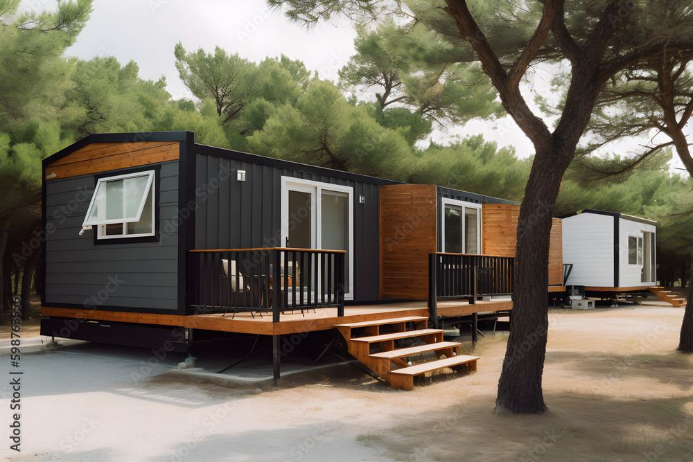 Vacation mobile houses on a campsite with trees around. High quality photo	
 - obrazy, fototapety, plakaty 