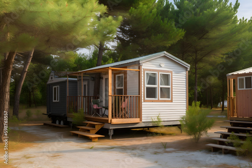 Vacation mobile houses on a campsite with trees around. High quality photo	
