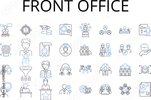 Front office line icons collection. Backstage area, Customer service, Reception desk, Administrative support, Executive suite, Service center, Guest relations vector and linear illustration. Business