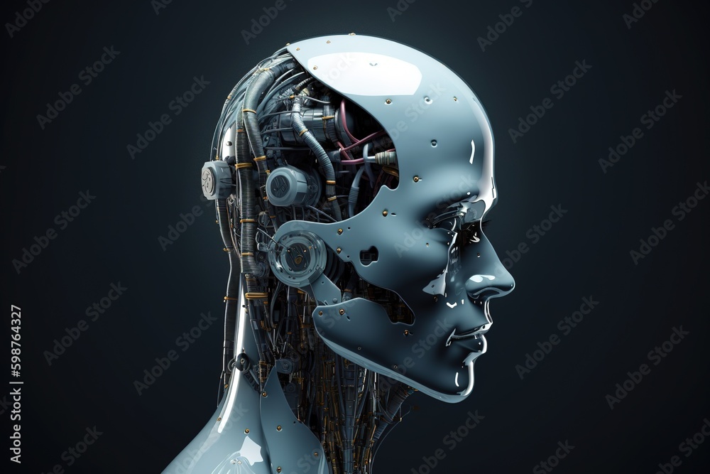 Humanoid robot side view over dark background. AI and new technologies concept. Generative AI