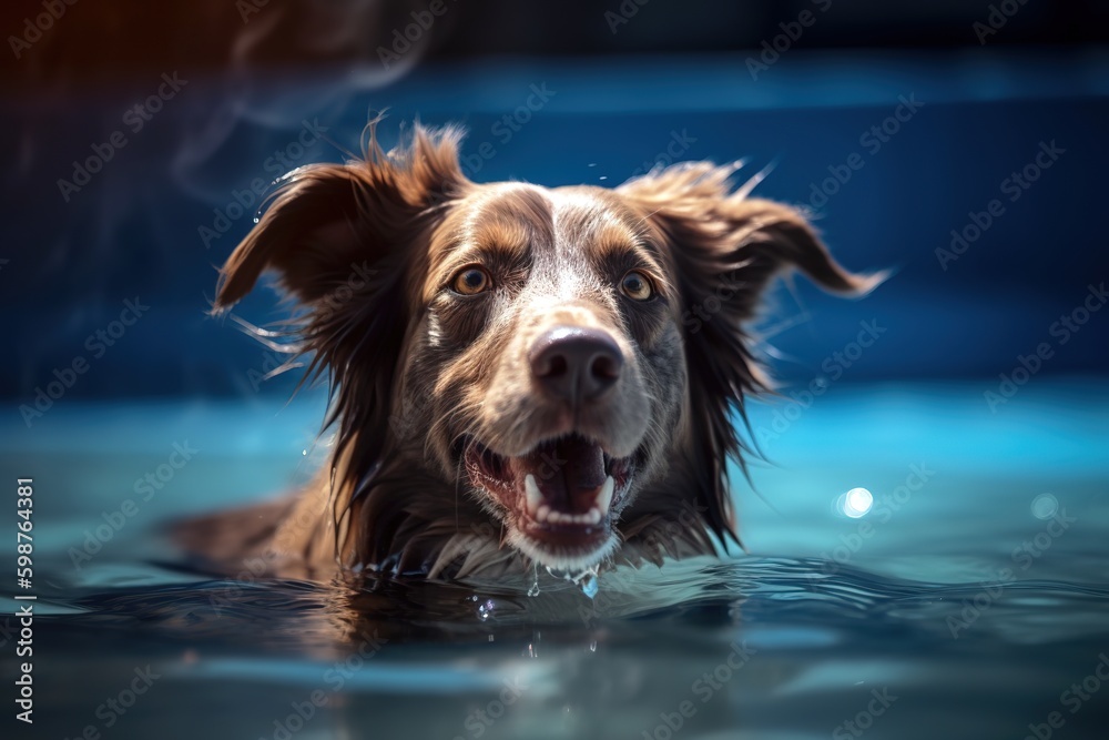 Cute happy dog swimming in outdoors pool. Generative AI