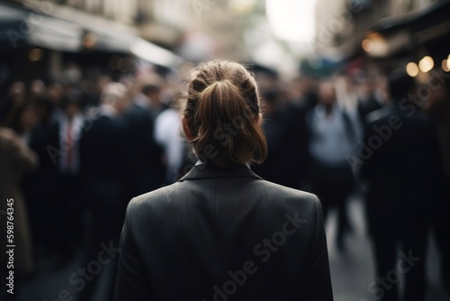 Back view of young businessman walking among crowdy street. Focus on foreground. Generative AI photo