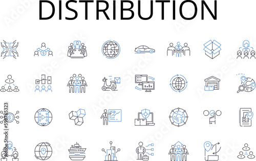 Distribution line icons collection. Dispensation, Allotment, Delivery, Allocation, Apportionment, Provisioning, Supply chain vector and linear illustration. Transference,Conveyance,Dissemination