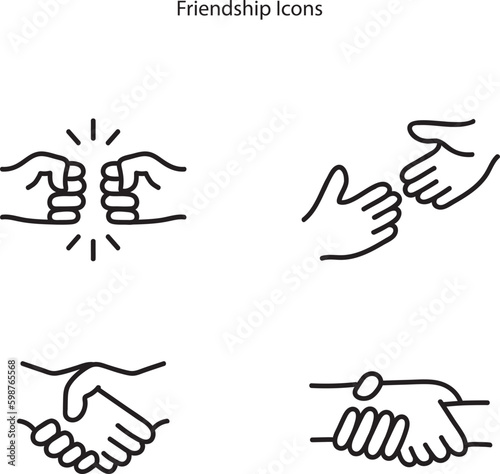 Love, friendship, care and charity concept editable stroke outline icons set with hands outline isolated on white background flat vector illustration.