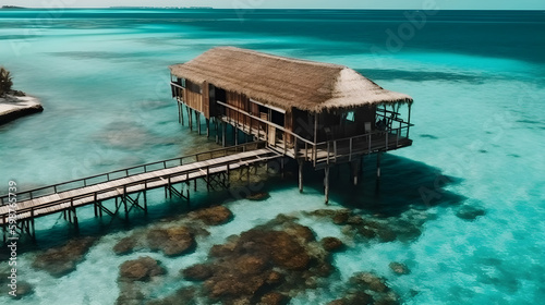 wooden house in the middle of a shallow sea, generative ai