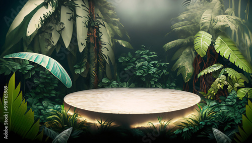 Wooden table with jungle in the background, Empty wooden table for product display, background of a table for advertising, Generative AI