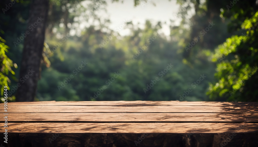 Wooden table with jungle in the background, Empty wooden table for product display, background of a table for advertising, Generative AI Wooden table with jungle in the background, Empty wooden table for product display, background of a table for advertising, Generative AI