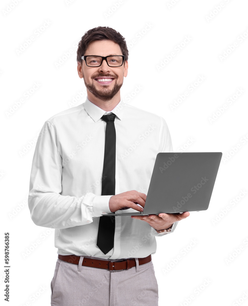 Happy man with laptop on white background Happy man with laptop on white background