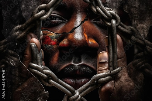 Black Lives Matter. The problem of culture, racism, and the descrImination of slavery. Juneteenth Emancipation Day. June 19. Freedom of Glosa Rights , fist of the chain Afro-American. Generative AI photo