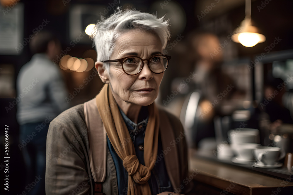 old woman with silver hair, trendy short haircut, wearing trendy clothes, in coffee shop, wide angle