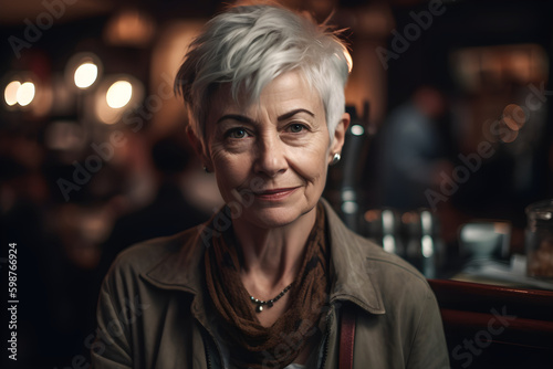 old woman with silver hair, trendy short haircut, wearing trendy clothes, in fancy coffee shop, wide angle