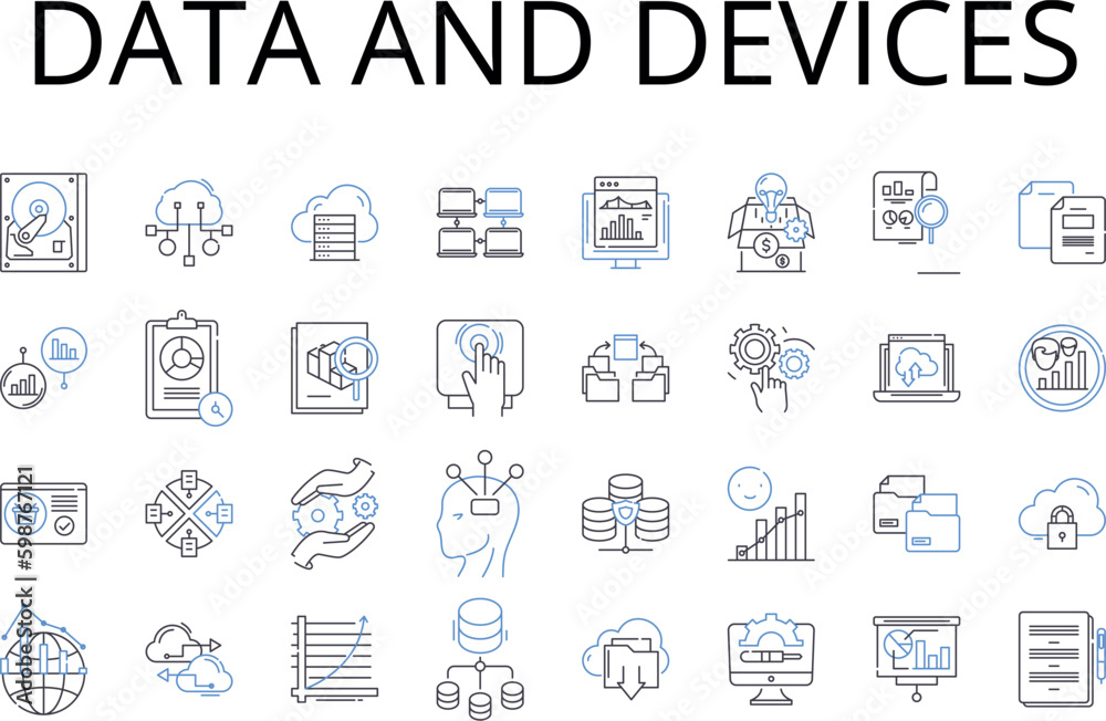 Data and devices line icons collection. Information and gadgets, Stats and tools, Facts and equipment, Figures and instruments, Records and machinery, Details and technology, Numbers and devices Data and devices line icons collection. Information and gadgets, Stats and tools, Facts and equipment, Figures and instruments, Records and machinery, Details and technology, Numbers and devices