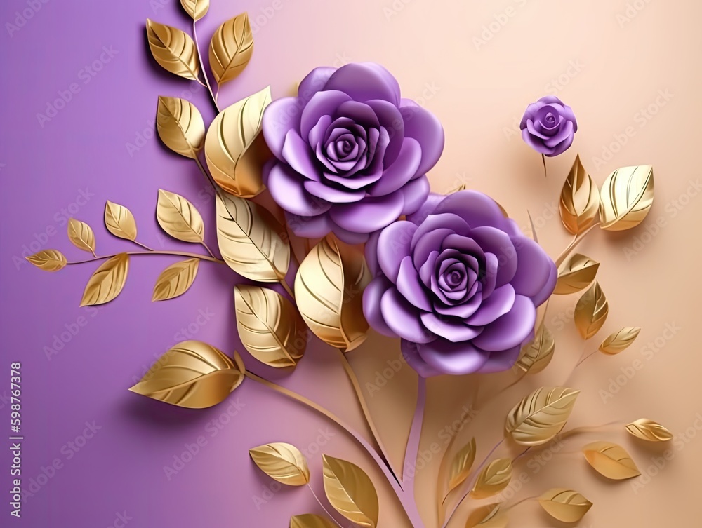3D Art Mural with Rose Flowers on Purple and Golden Background - AI ...