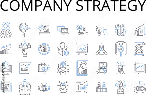 Company strategy line icons collection. Marketing plan, Business model, Sales approach, Product design, Brand identity, Market research, Competitive analysis vector and linear illustration. Financial