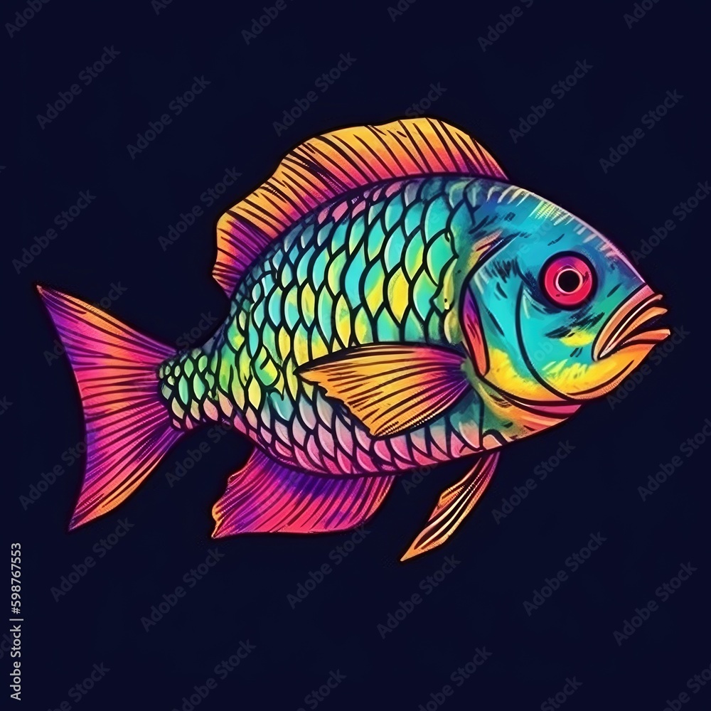 Hand Drawn Illustration of Vivid Color Fish - AI Generated