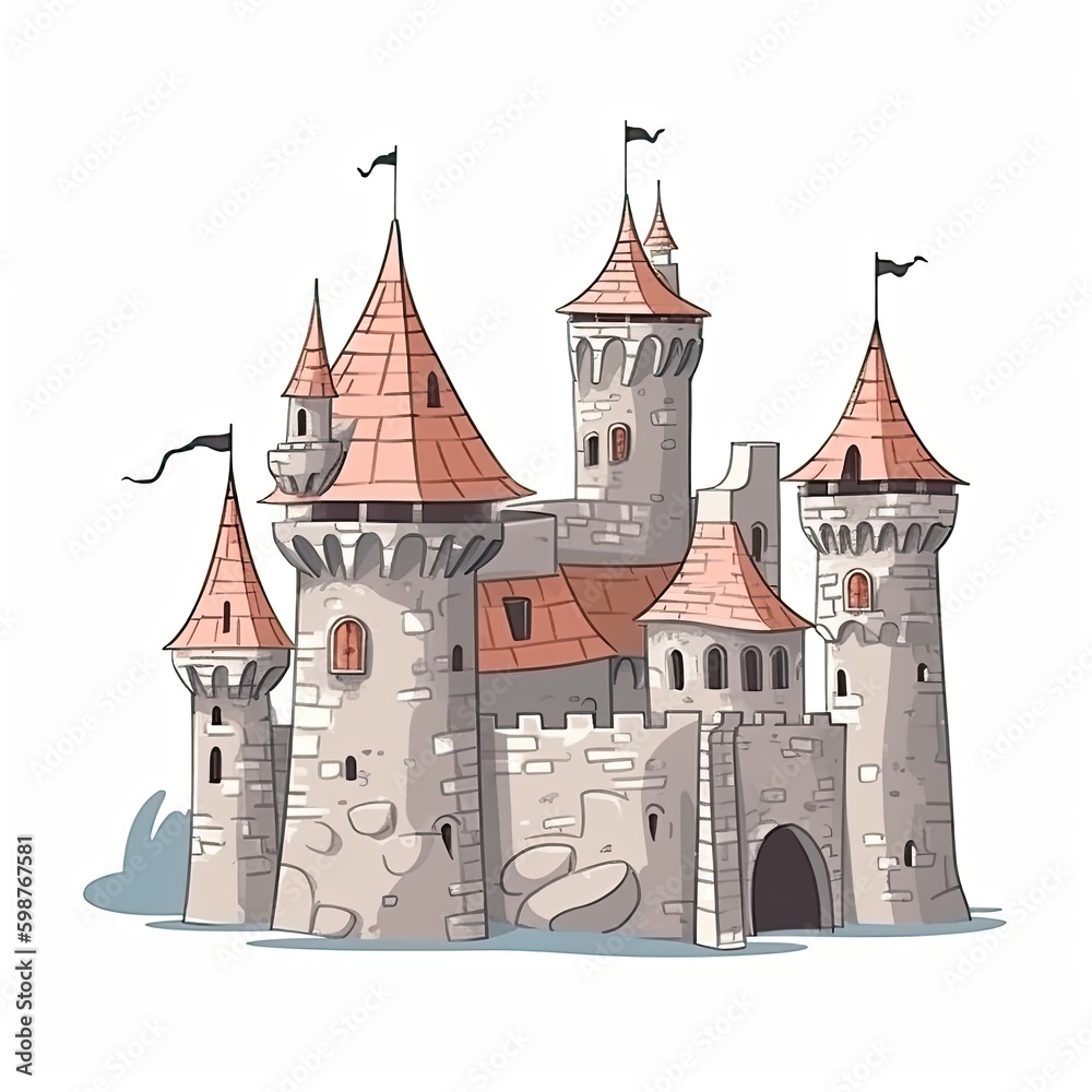 Medieval Castles Hand Drawn Colored Vector - AI Generated