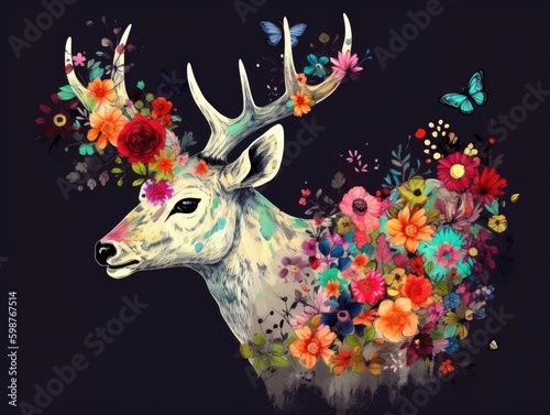 Drawing Colorful Flowers Wall Digital Art with Deer - AI Generated © dasom