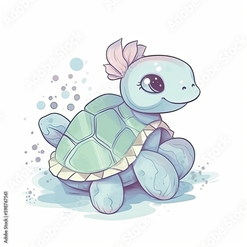 Hand Drawn Illustration of Cute Little Turtle in Pastel Colors - AI Generated