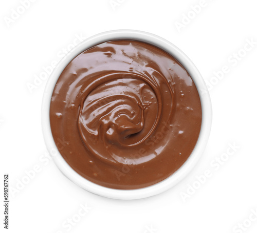 Bowl of delicious chocolate paste isolated on white, top view