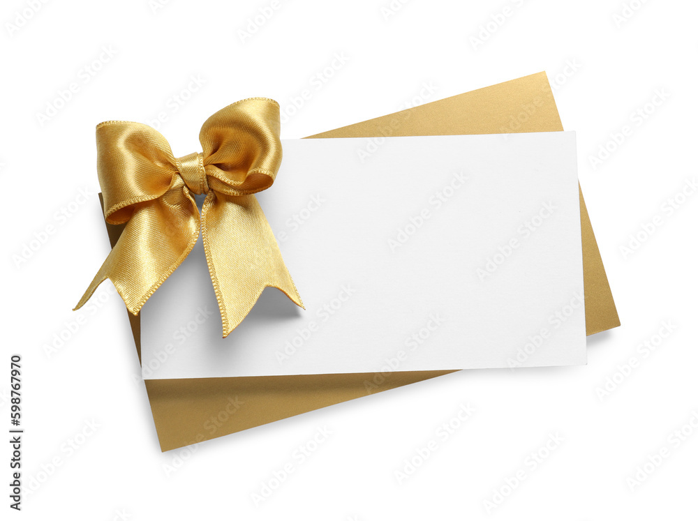 Blank gift card with golden bow isolated on white, top view Blank gift card with golden bow isolated on white, top view