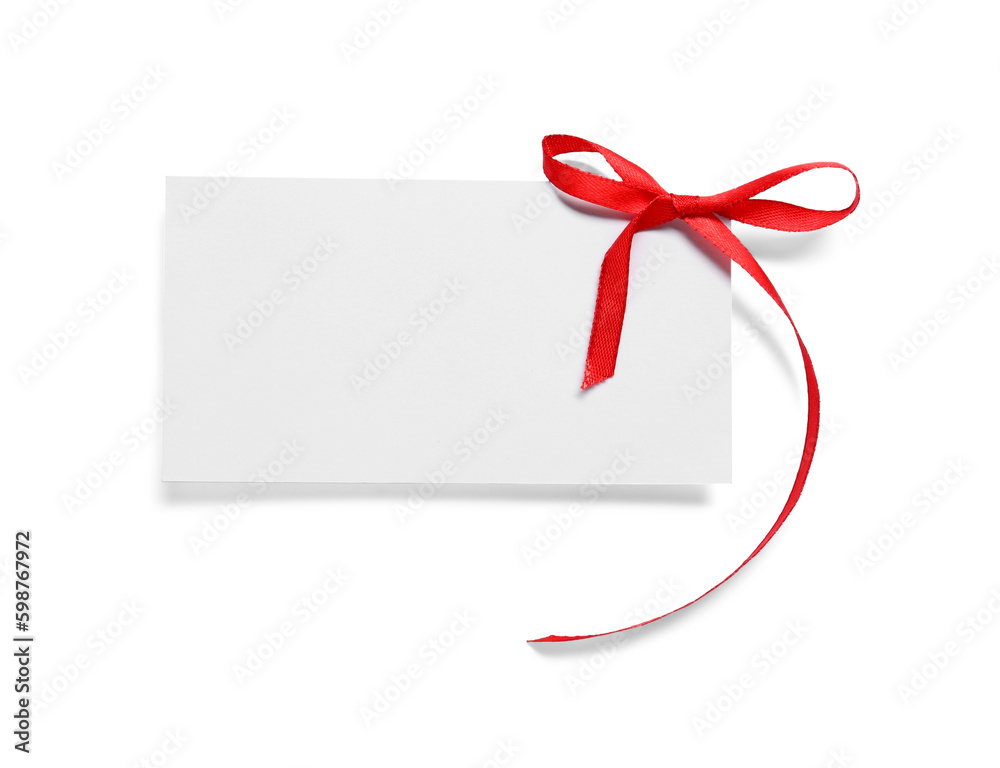 Blank gift card with red bow isolated on white, top view Blank gift card with red bow isolated on white, top view