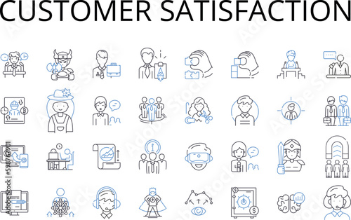 Customer satisfaction line icons collection. Client contentment, Patron pleasure, Shopper cheer, Consumer joy, Audience delight, User gratification, Guest happiness vector and linear illustration