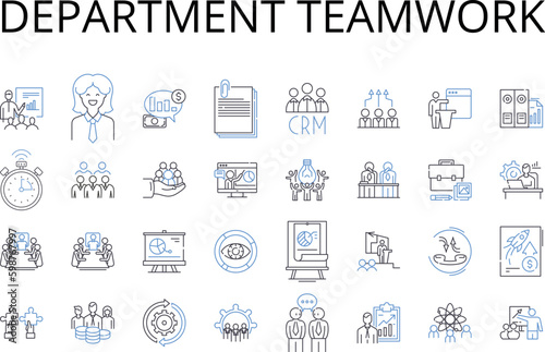 Department teamwork line icons collection. Group collaboration, Team effort, Cooperative partnership, Joint venture, Colleague support, Alliance association, Cohesive teamwork vector and linear