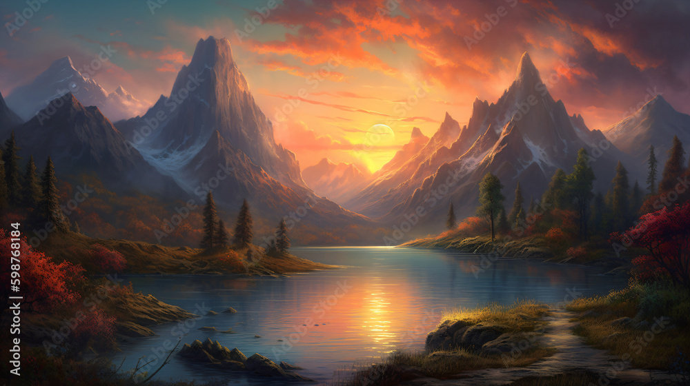 A painting of mountains and a lake at sunset Generative Ai