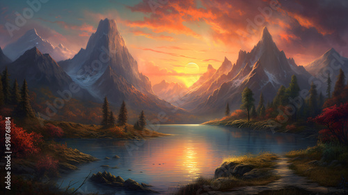 A painting of mountains and a lake at sunset Generative Ai