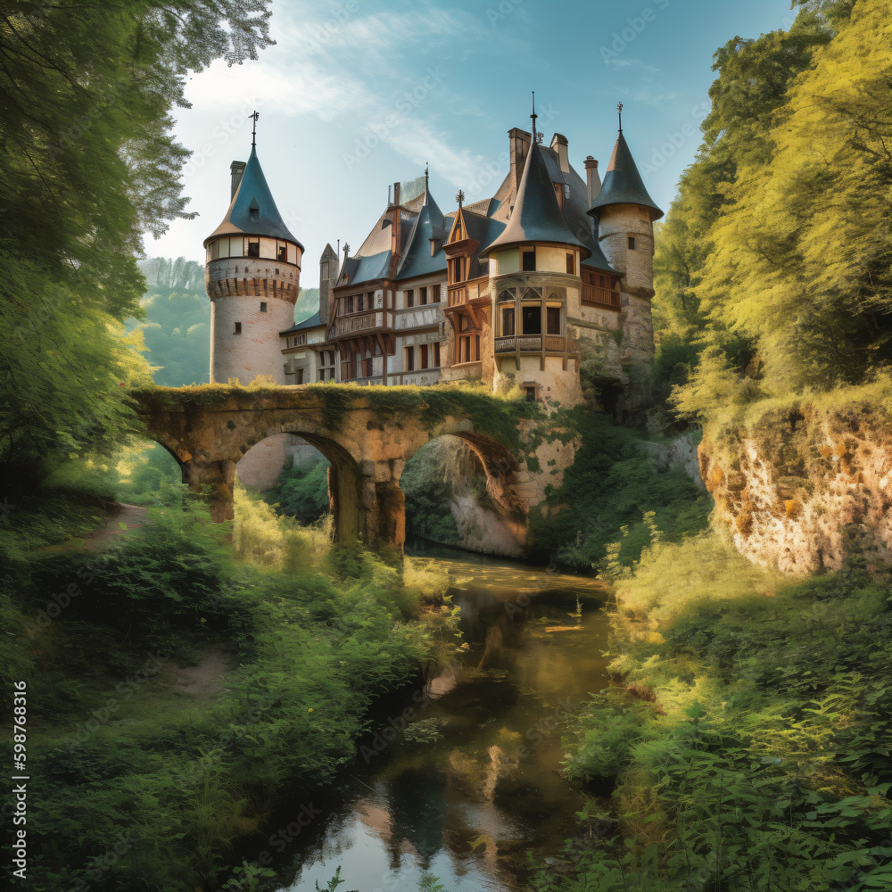 Obraz premium A beautiful castle with a bridge over a river Generative Ai