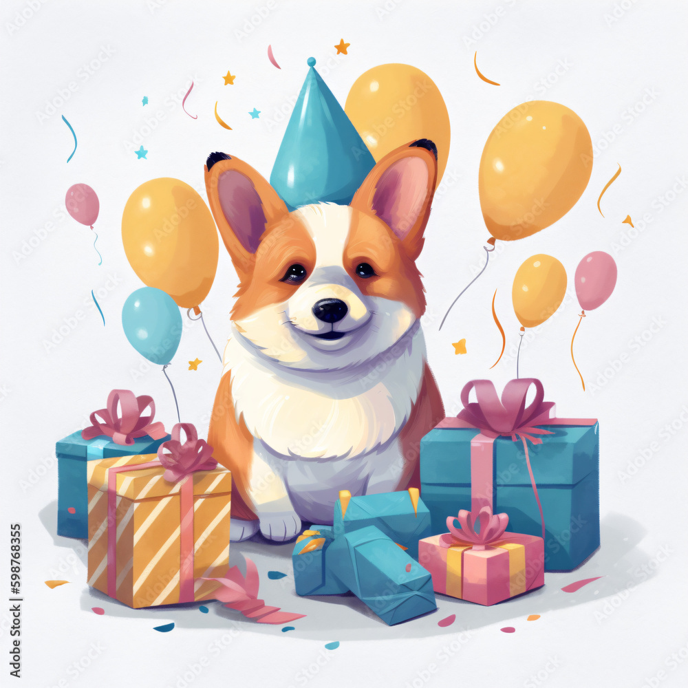 Naklejka premium A dog with a party hat sitting next to presents Generative Ai