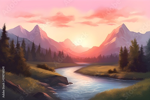 A painted landscape of a mountain range at sunset with a river running through it AI-Generated image