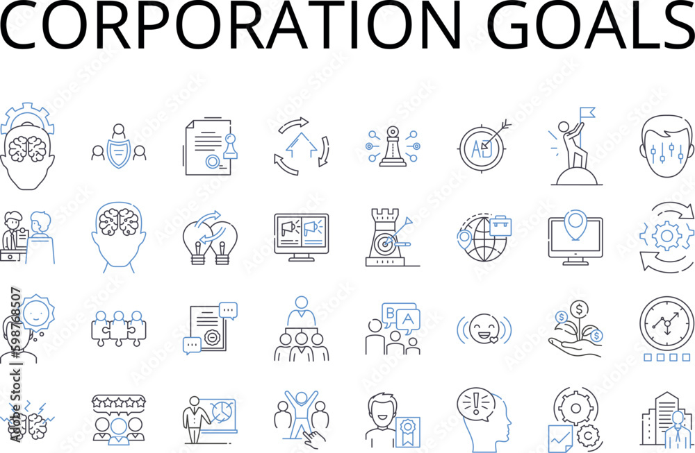 Corporation goals line icons collection. Business objectives, Company aspirations, Enterprise targets, Organization missions, Firm initiatives, Establishment goals, Company aims vector and linear