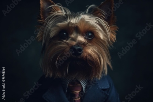 Anthropomorphic Yorkshire terrier dog dressed in a suit like a businessman. Business Concept. AI generated © top images