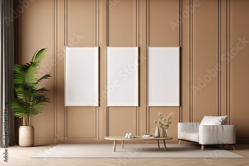 Mock up poster frame in modern living room interior design background using wood wall panelling. Generative ai