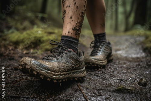 Legs of a woman jogging in the forest. Walking in nature in the fresh air after the rain. AI generated, human enhanced