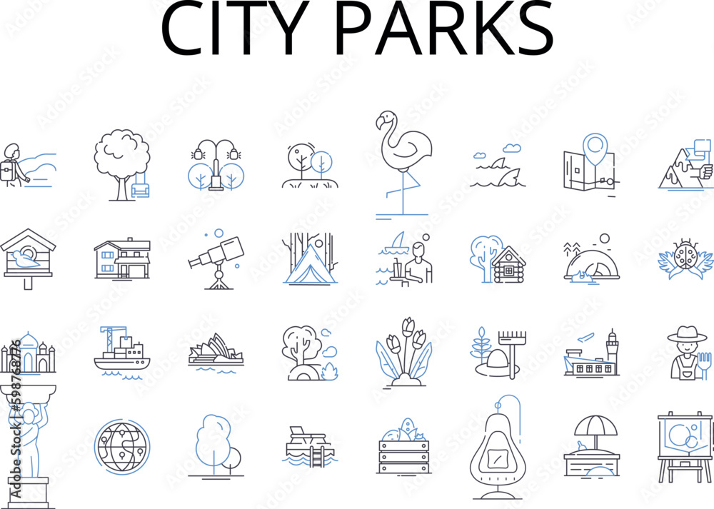 City parks line icons collection. Urban gardens, Metropolitan squares, Suburban trails, Country meadows, Coastal cliffs, Riverside walks, Mountain peaks vector and linear illustration. Jungle groves