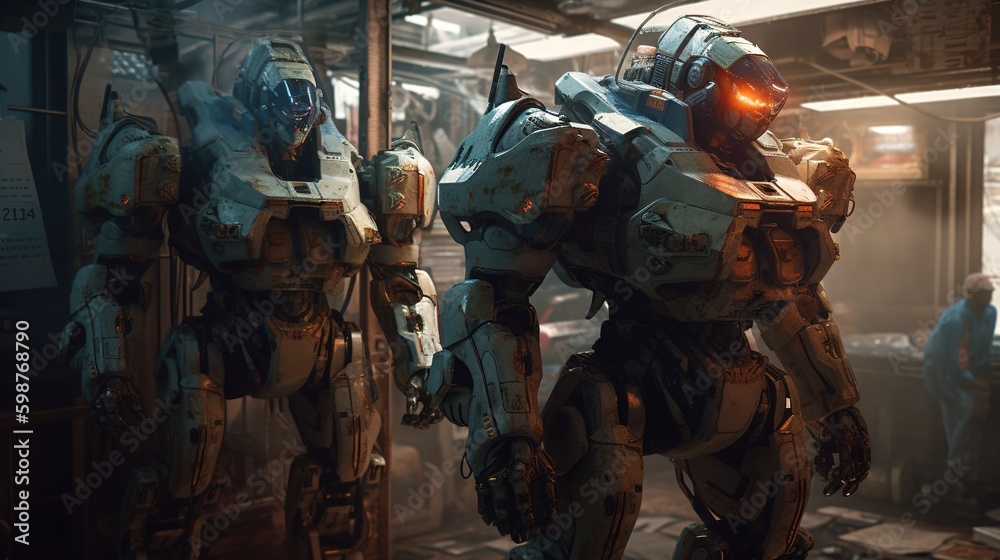 mech suit administrators, digital art illustration, Generative AI