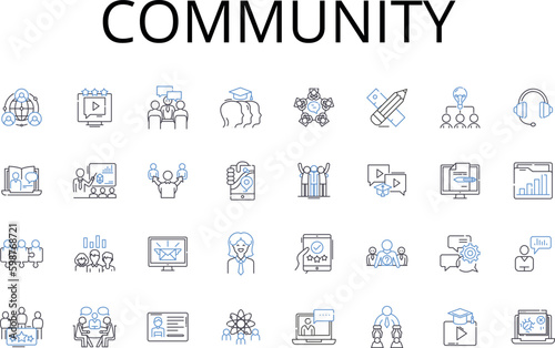 Community line icons collection. Society, Population, Neighborhood, Assembly, Congregation, Gathering, Colony vector and linear illustration. Clan,Brotherhood,Fellowship outline signs set
