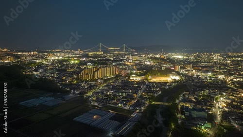 Time Lapse: Lights on the Edge of Town by Akashi City and Bridge at Night Generative AI
