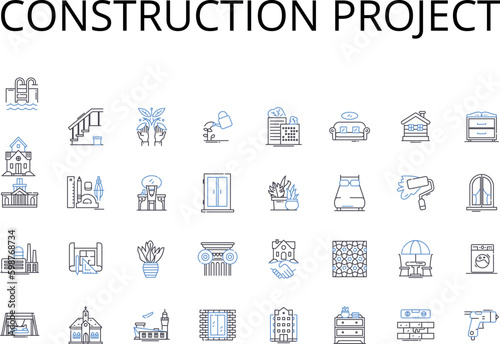 Construction project line icons collection. Business venture, Marketing campaign, Advertising strategy, Development plan, Expansion project, Rebranding effort, Creative pursuit vector and linear