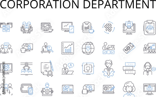 Corporation department line icons collection. Executive suite, Agency division, Government branch, Judicial chamber, Legislative assembly, Business unit, Marketing team vector and linear illustration