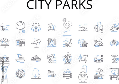 City parks line icons collection. Urban gardens, Metropolitan squares, Suburban trails, Country meadows, Coastal cliffs, Riverside walks, Mountain peaks vector and linear illustration. Jungle groves