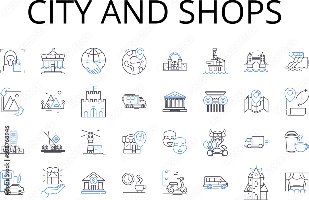 City and shops line icons collection. Urban area, Downtown, Metropolis, Business district, Shopping center, Retail hub, Commercial z vector and linear illustration. Marketplace,High street,Pedestrian