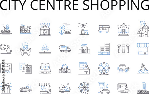 City centre shopping line icons collection. Downtown shopping, Urban shopping, High street shopping, Central shopping, Inner city shopping, CBD shopping, Metropolitan shopping vector and linear