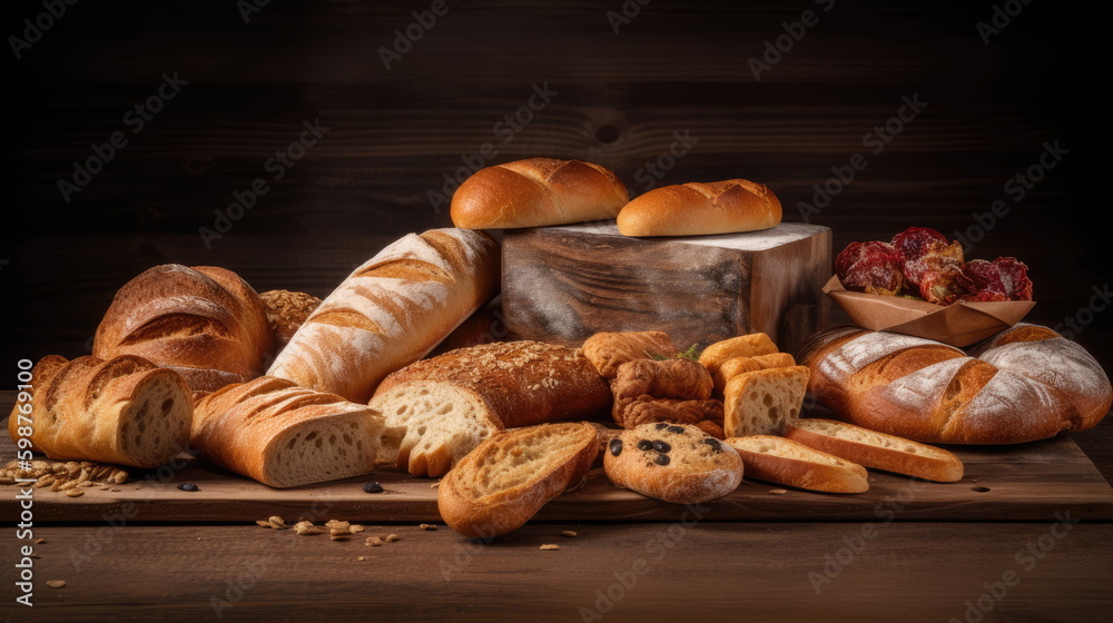 assorted bread on wood background
