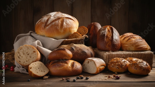 assorted bread on wood background