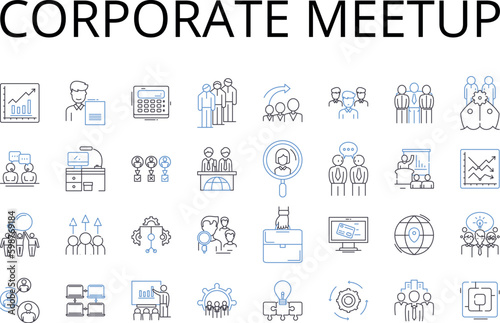 Corporate meetup line icons collection. Business conference, Executive retreat, Team building, Professional gathering, Company summit, Business seminar, Corporate rally vector and linear illustration