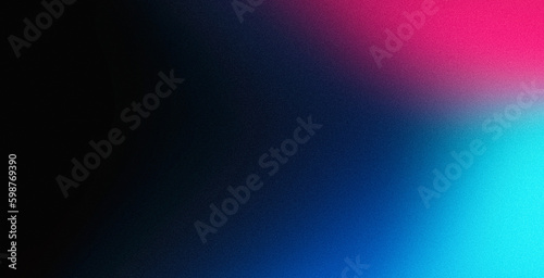 Vibrant blue pink neon colors gradient on black grainy textured background, copy space